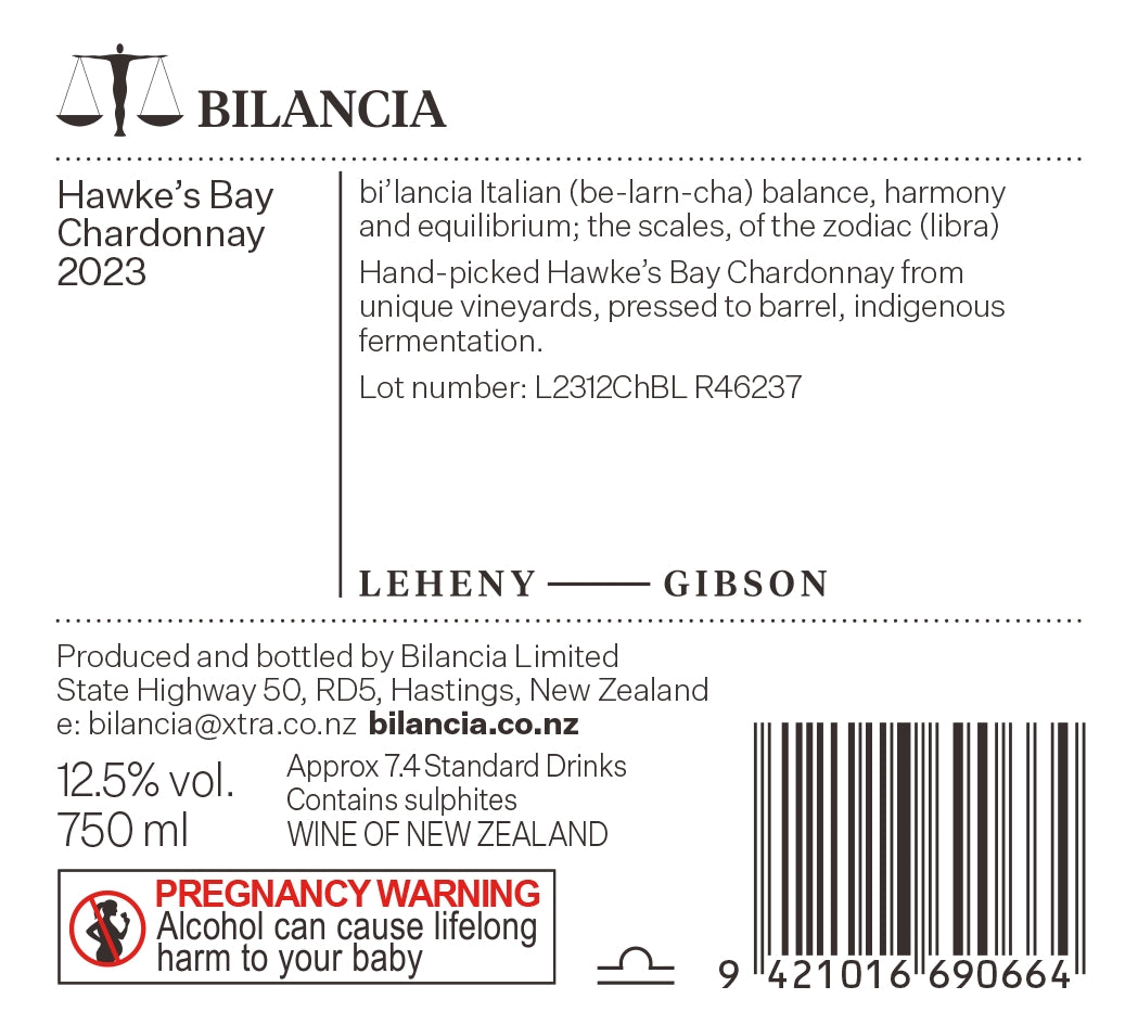 2023 Bilancia Chardonnay Back label