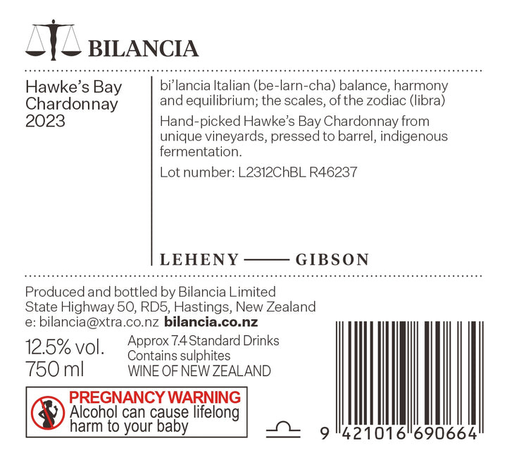 2023 Bilancia Chardonnay Back label