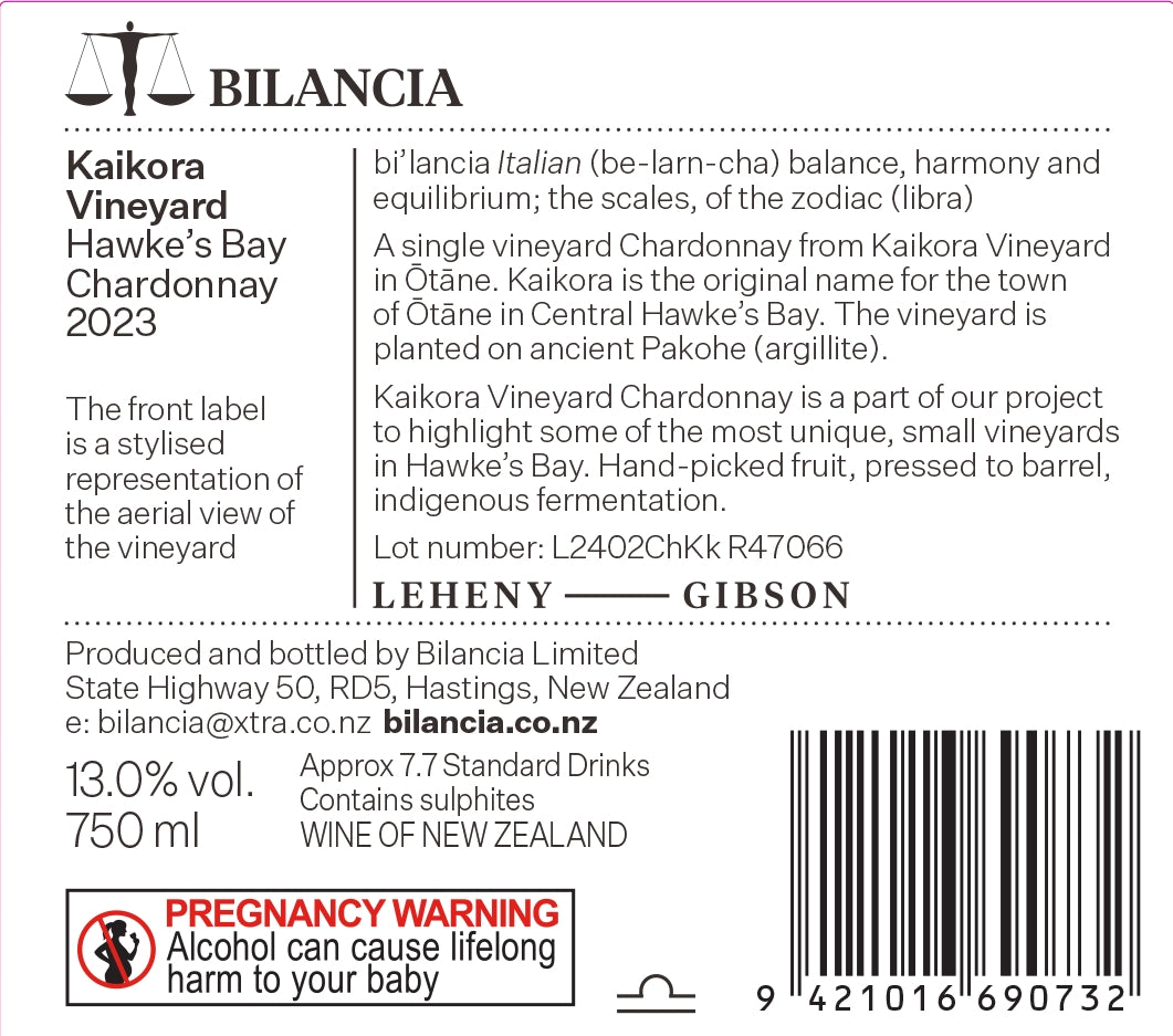 2023 Kaikora Vineyard Back label