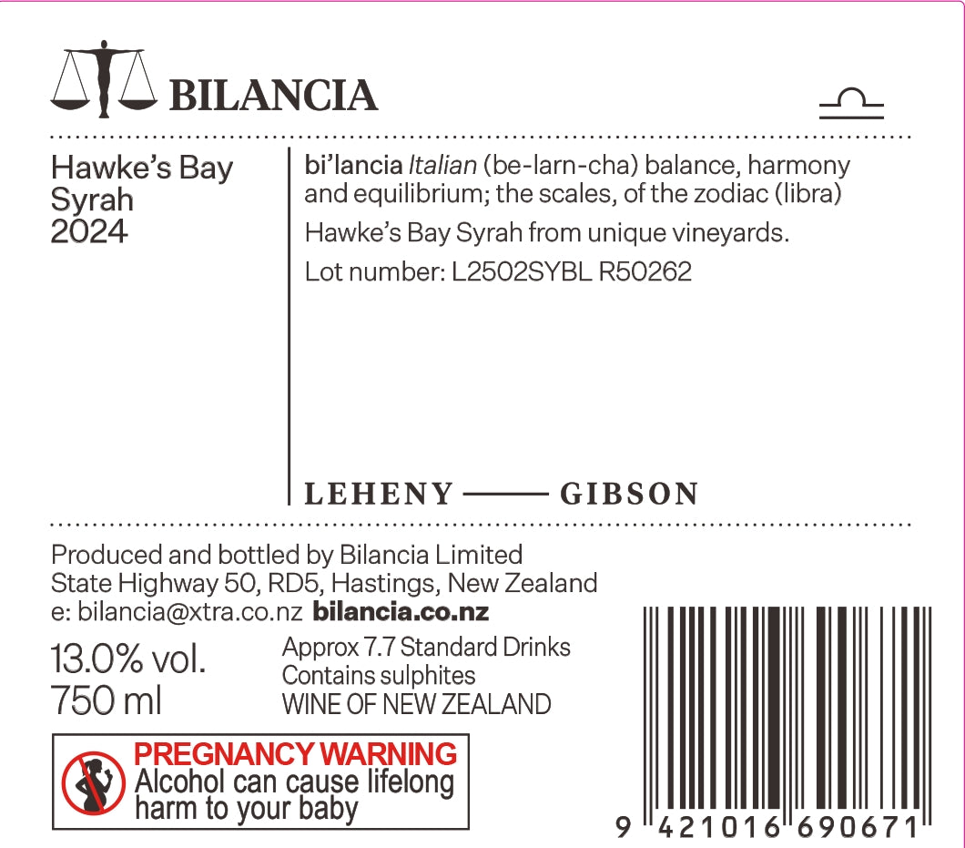 2024 Bilancia Syrah back label