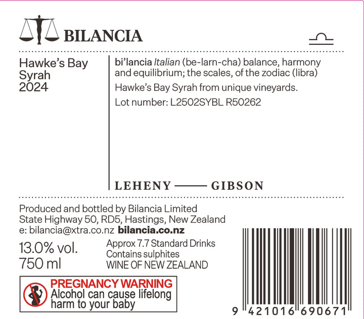 2024 Bilancia Syrah back label